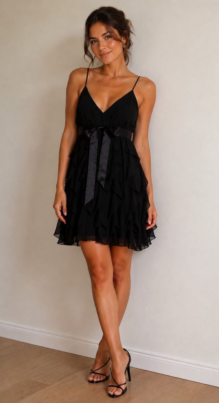 Scarlett Womens 10 Black Tiered Ruffled Dress Y2K Feminine Flirty Romance Sexy
